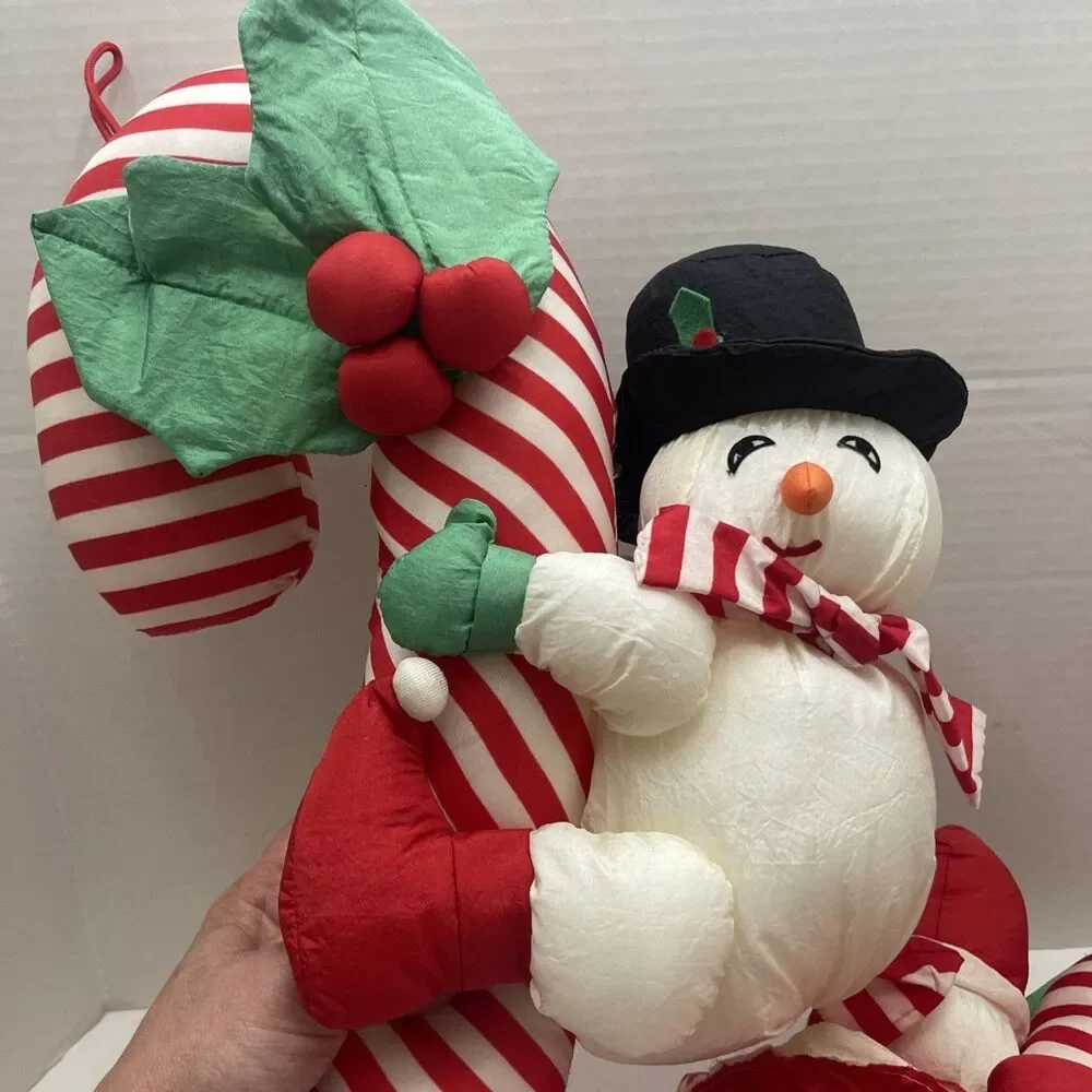 2 Vtg Inter. Silver Co Christmas Plush Parachute Nylon Santa Snowman 19” Hanging